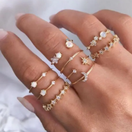 9 Piece Celestial Ring Set With Austrian Crystals 18K Gold Plated Ring Set